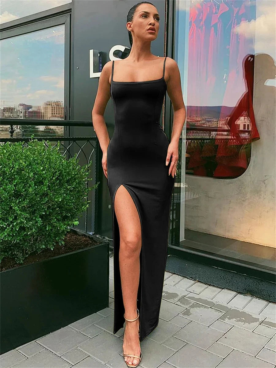 Women’s Summer Bodycon Dress - Sexy Spaghetti Strap Split Sheath Dress in Solid Color