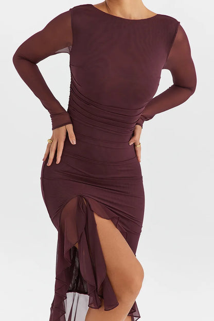 Mozision Elegant Ruffled Midi Dress - Sheer Long Sleeve, Backless Party Style