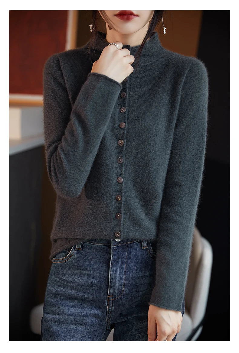 Women's Merino Wool Jacket - Luxury Knit Cardigan with Standing Collar