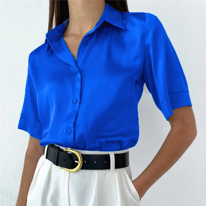 Satin Polo Collar Blouse - Vintage Loose Silk Shirt for Women