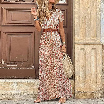 Spring/Summer Floral Lace-up V-neck Dress - Long-Sleeve Blouse & Mid-length Skirt