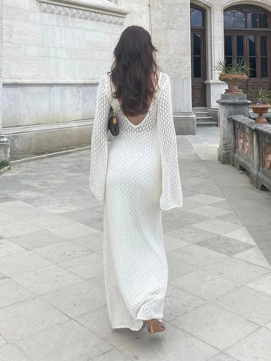 Sexy White Long Knit Sleeve Bikini Cover-Up - See-Through Deep V-Neck Backless Beach Dress