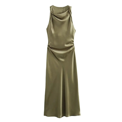 Summer Satin Slip Dress - Women's Elegant Sleeveless Midi for Evening Parties"