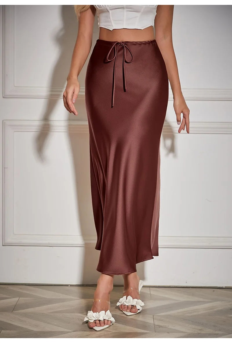 Dreamgirl A-Line Satin Maxi Skirt - Elegant High Waist, Black & Beige