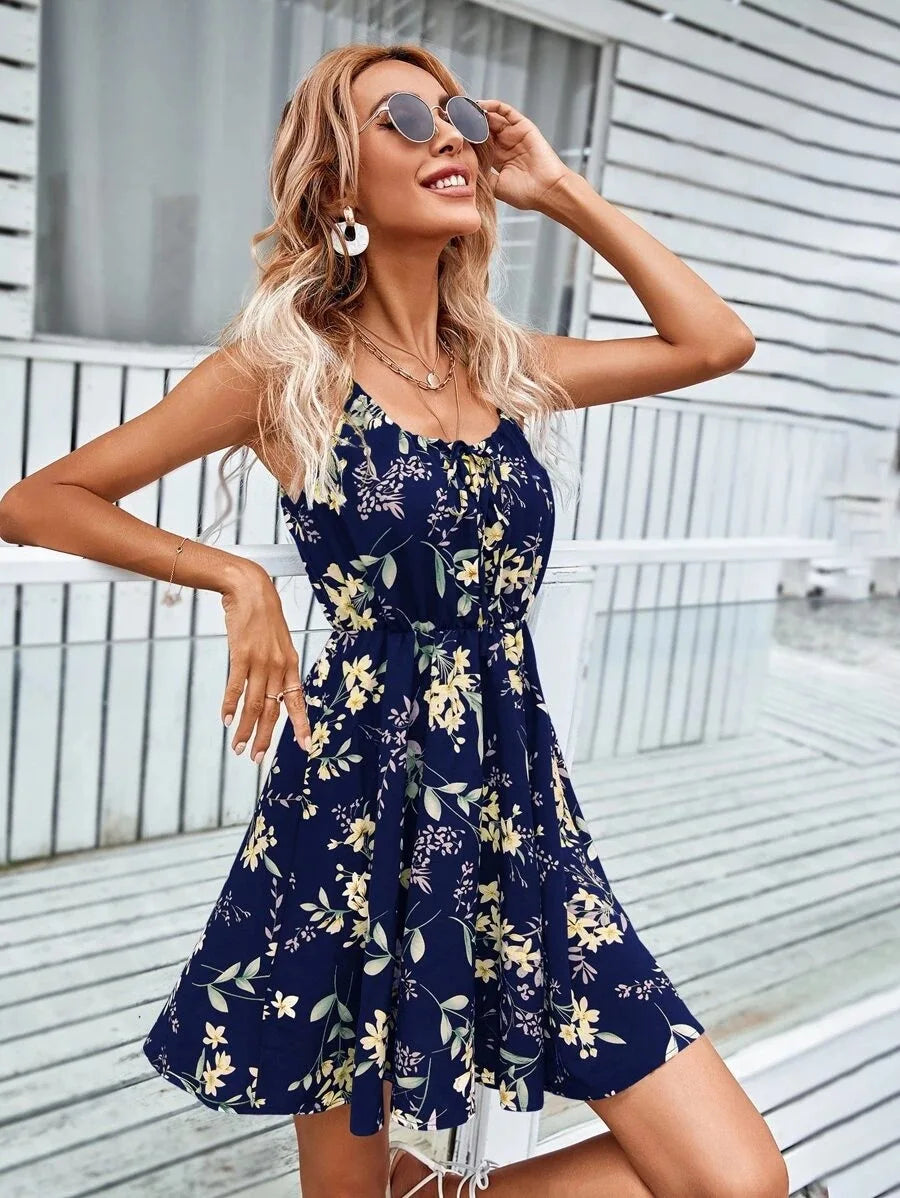 Sexy Floral Print Backless Sundress - Sleeveless