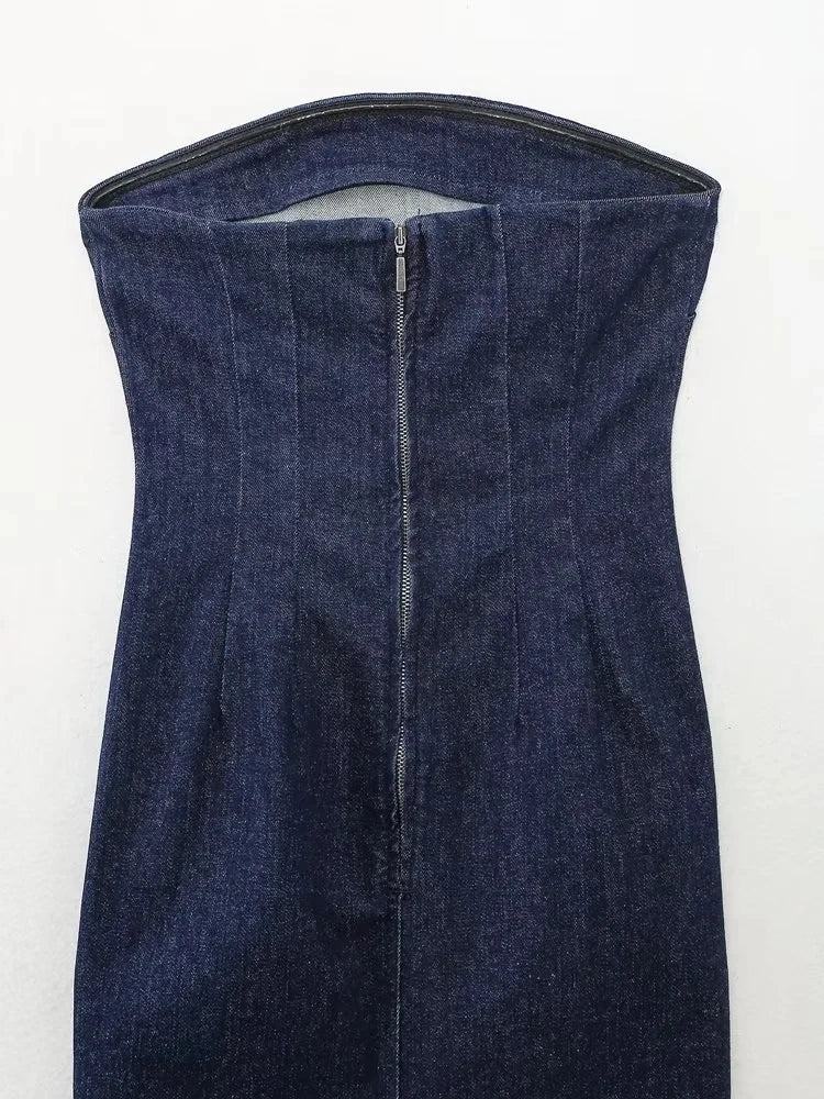 Nlzgmsj TRAF Strapless Backless Denim Dress - Sexy Blue Zipper Split Long Dress for Summer Parties