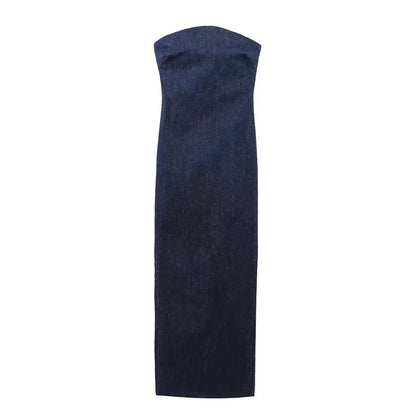 Nlzgmsj TRAF Strapless Backless Denim Dress - Sexy Blue Zipper Split Long Dress for Summer Parties