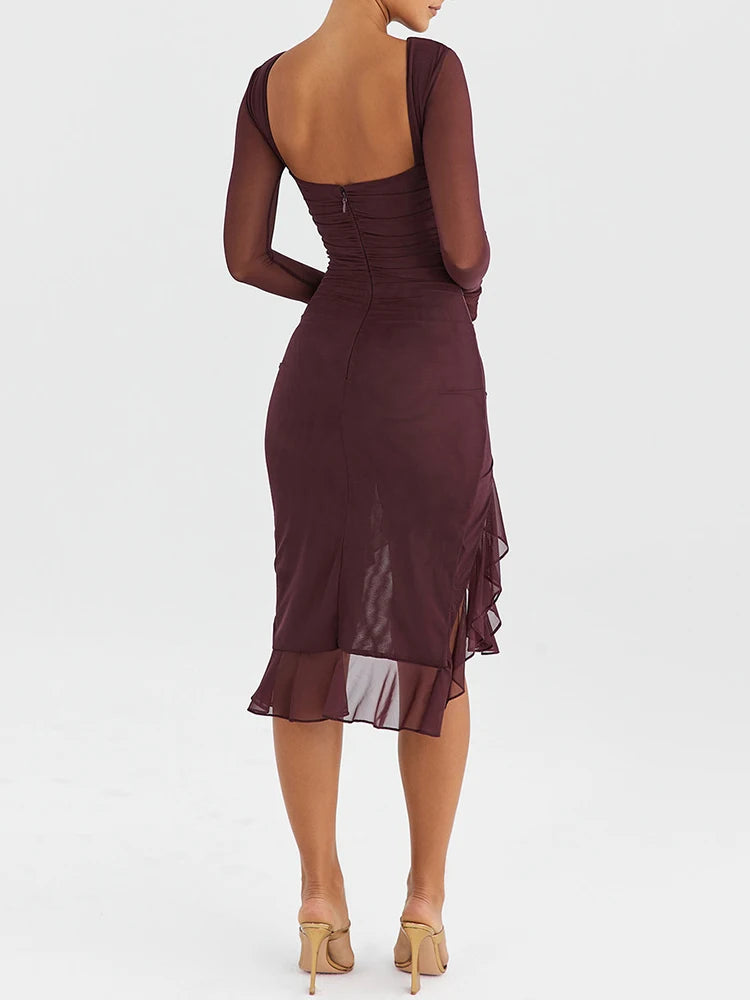 Mozision Elegant Ruffled Midi Dress - Sheer Long Sleeve, Backless Party Style