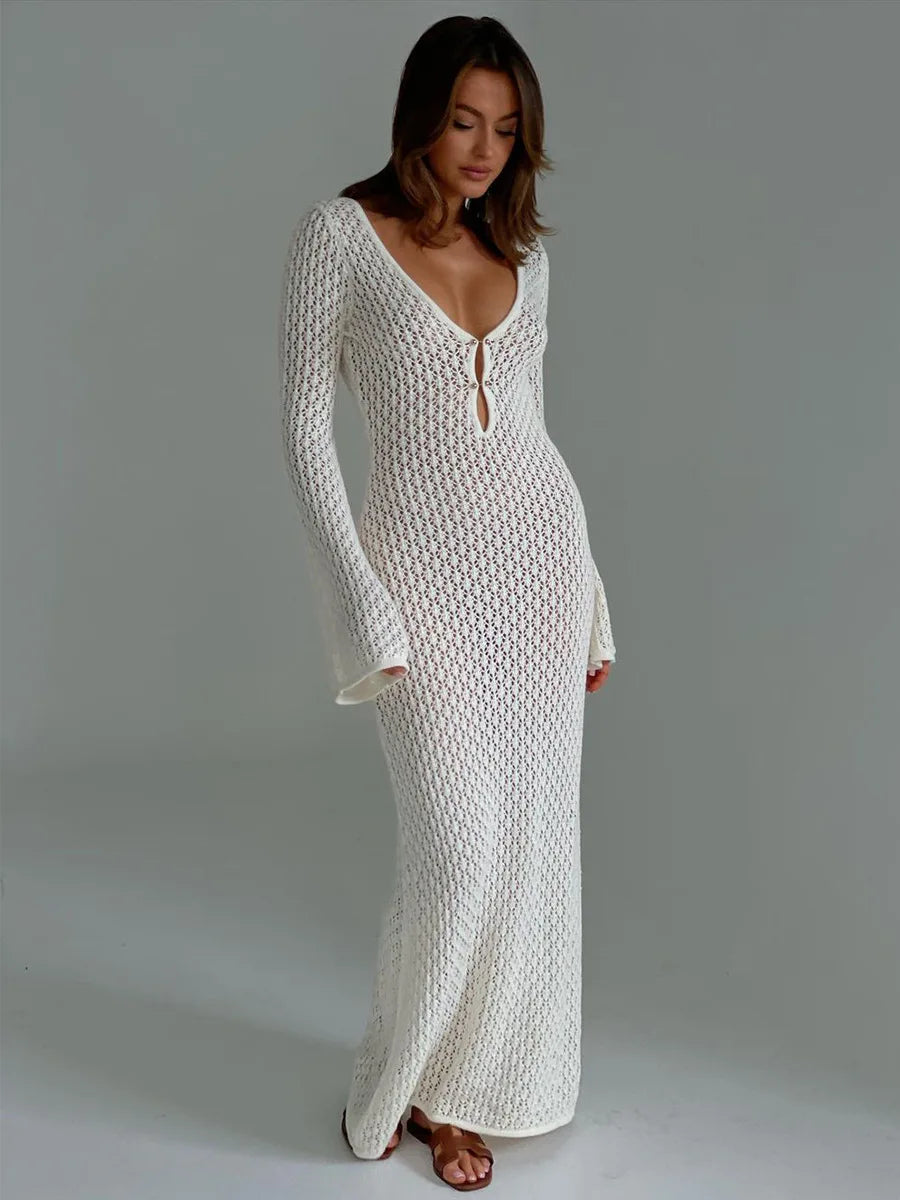 Sexy White Long Knit Sleeve Bikini Cover-Up - See-Through Deep V-Neck Backless Beach Dress