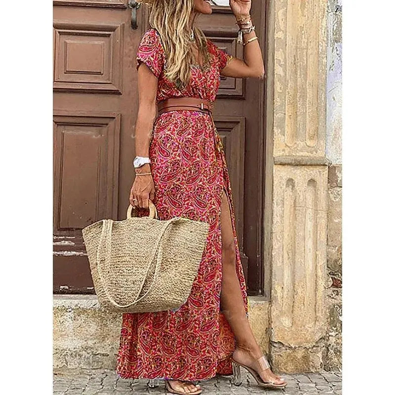 Spring/Summer Floral Lace-up V-neck Dress - Long-Sleeve Blouse & Mid-length Skirt