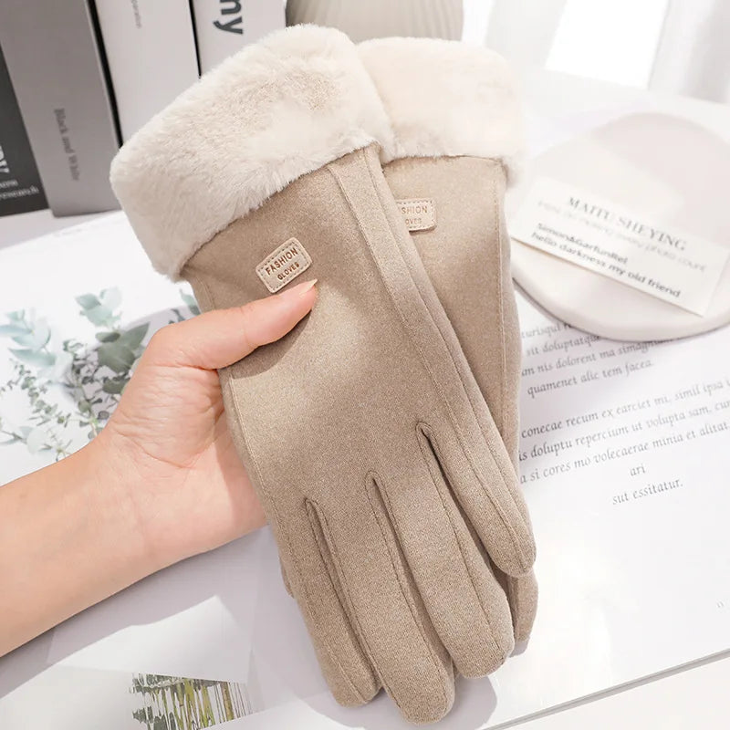 Women’s Winter Suede Gloves – Thick Plush, Touchscreen, Outdoor