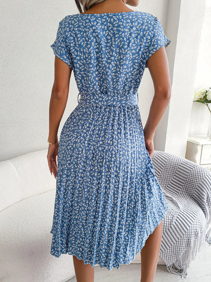 Chic Floral High Waist A-Line Dress - Spring/Summer, Short Sleeve