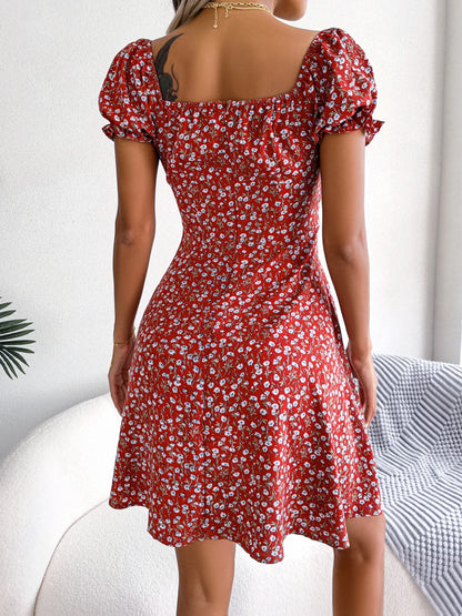 Women Casual Ruffles Short Sleeve Floral Print A Line Dress