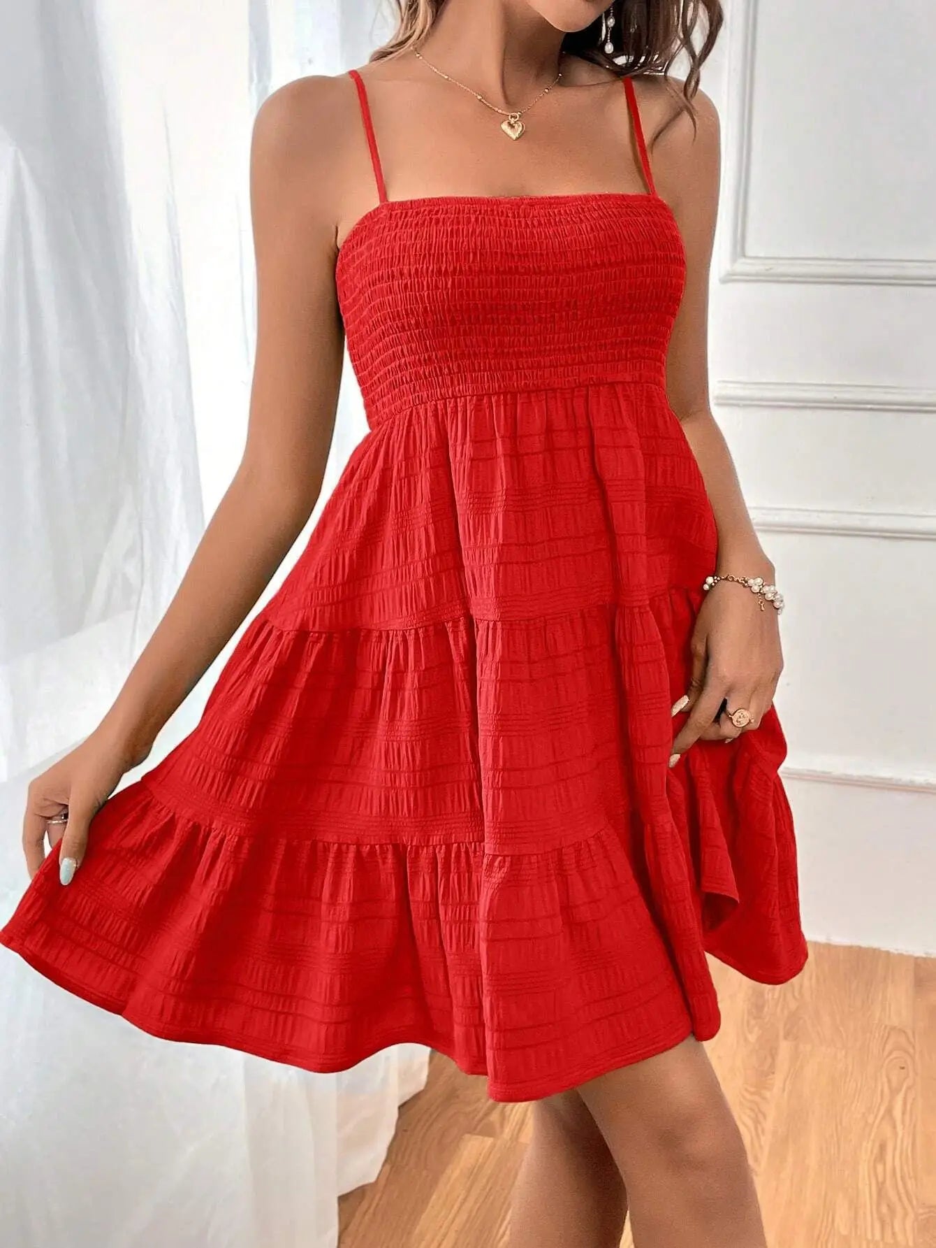 Women's Summer Solid Color Spaghetti Strap Dress - Versatile & Textured