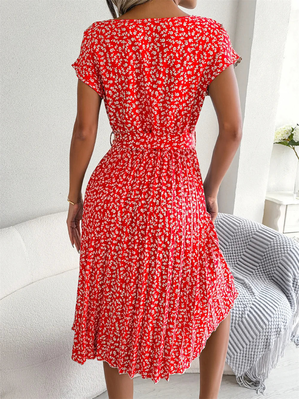 Chic Floral High Waist A-Line Dress - Spring/Summer, Short Sleeve