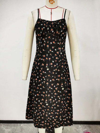 Summer Spaghetti Strap Polka Dot Midi Dress - Boho, Casual, Sleeveless with Slit