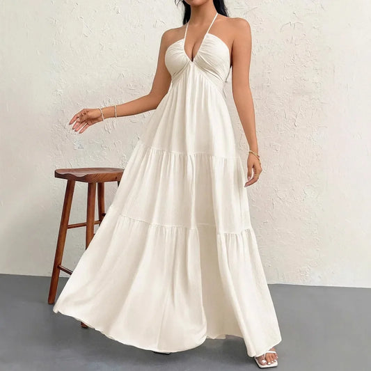 Romantic Beach Vacation Backless V-Neck White Pleated A- Line Dress Women's Clothing One-Piece Dress Ankle-length Skirt