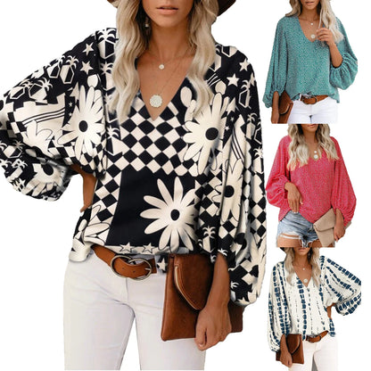 Printed V-Neck Lantern Sleeve Shirt - Elegant Spring/Summer Fashion