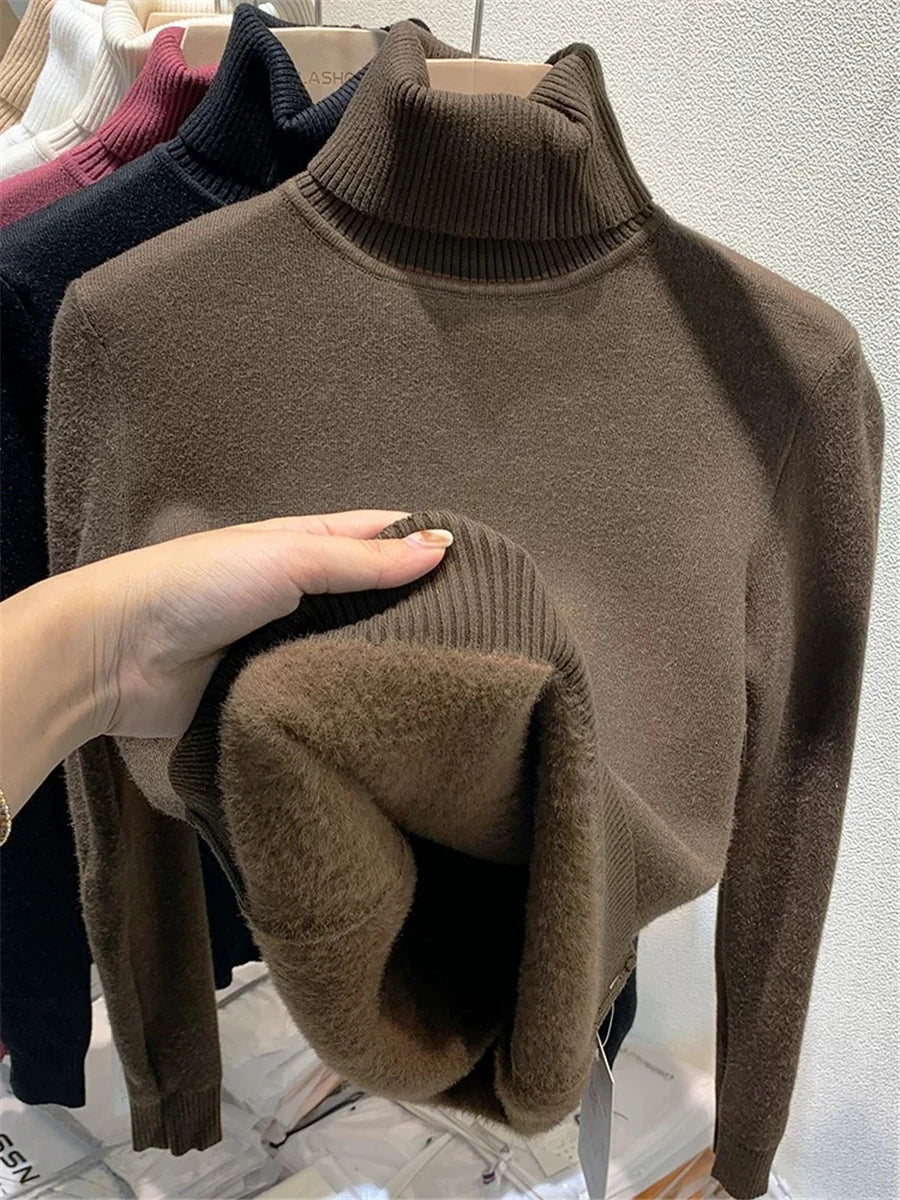 Elegant Velvet-Lined Turtleneck Sweater - Women's Slim Winter Knitwear