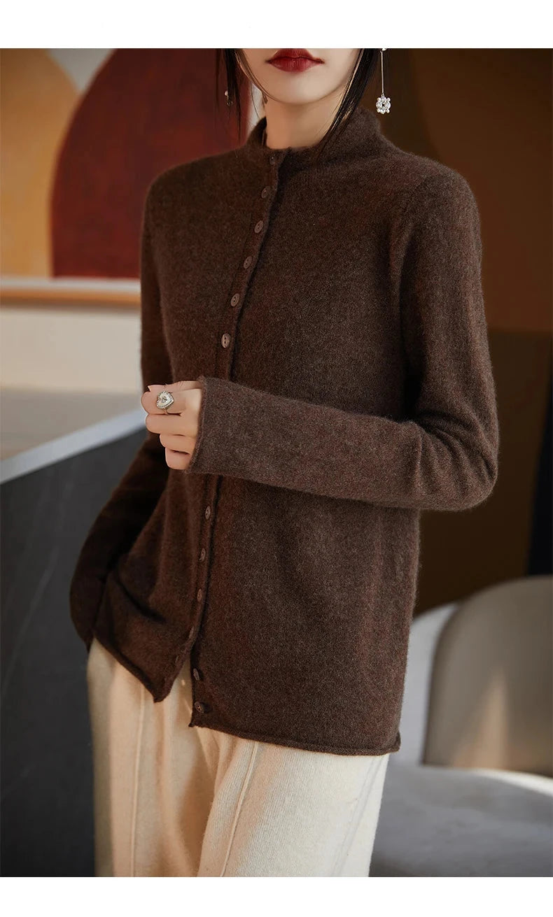 Women's Merino Wool Jacket - Luxury Knit Cardigan with Standing Collar