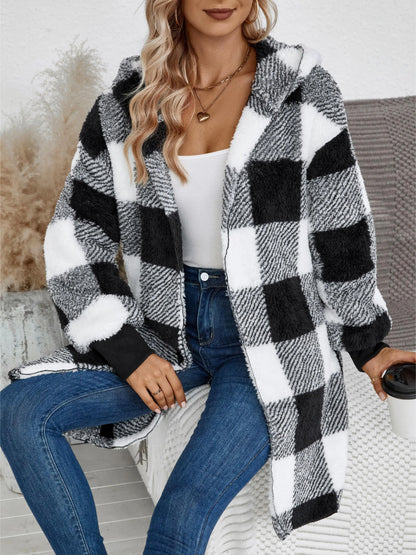 Hooded Color-Blocked Plaid Plush Jacket