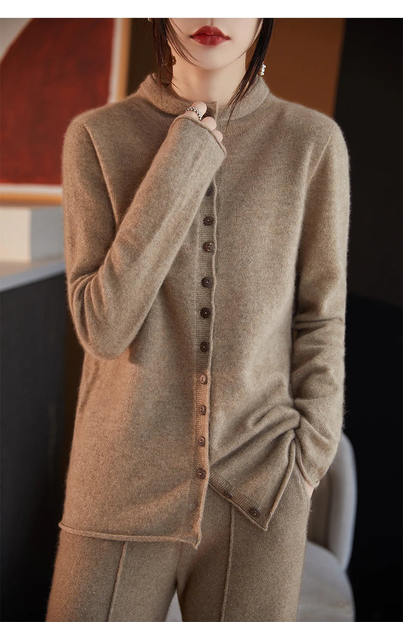 Women's Merino Wool Jacket - Luxury Knit Cardigan with Standing Collar