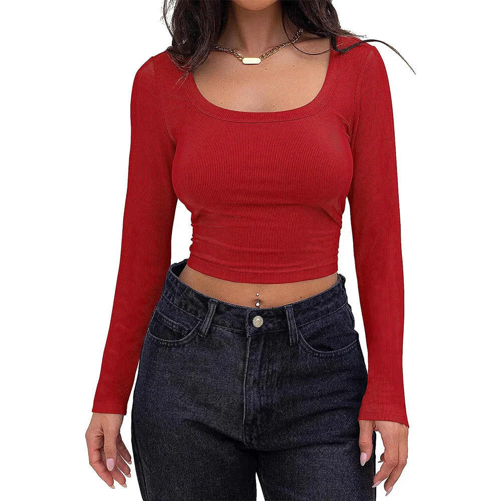 Women’s Long Sleeve Square Neck Ribbed Crop Top