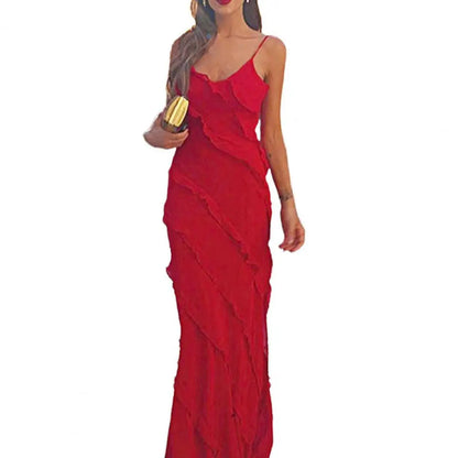 Elegant Red Chiffon Maxi Dress - Spaghetti Strap, Backless, Ruffled Evening Gown