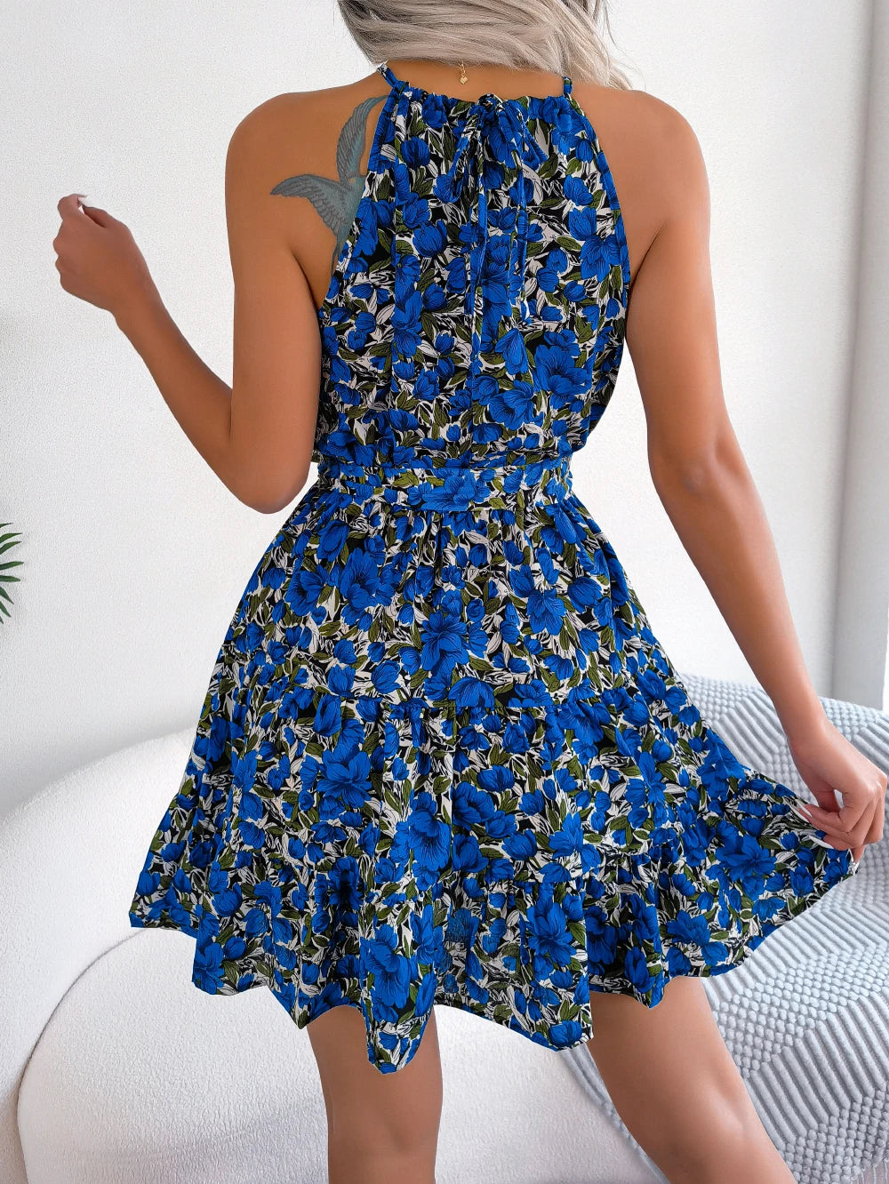 Women Summer Casual Floral Print Ruffle Halter Dress