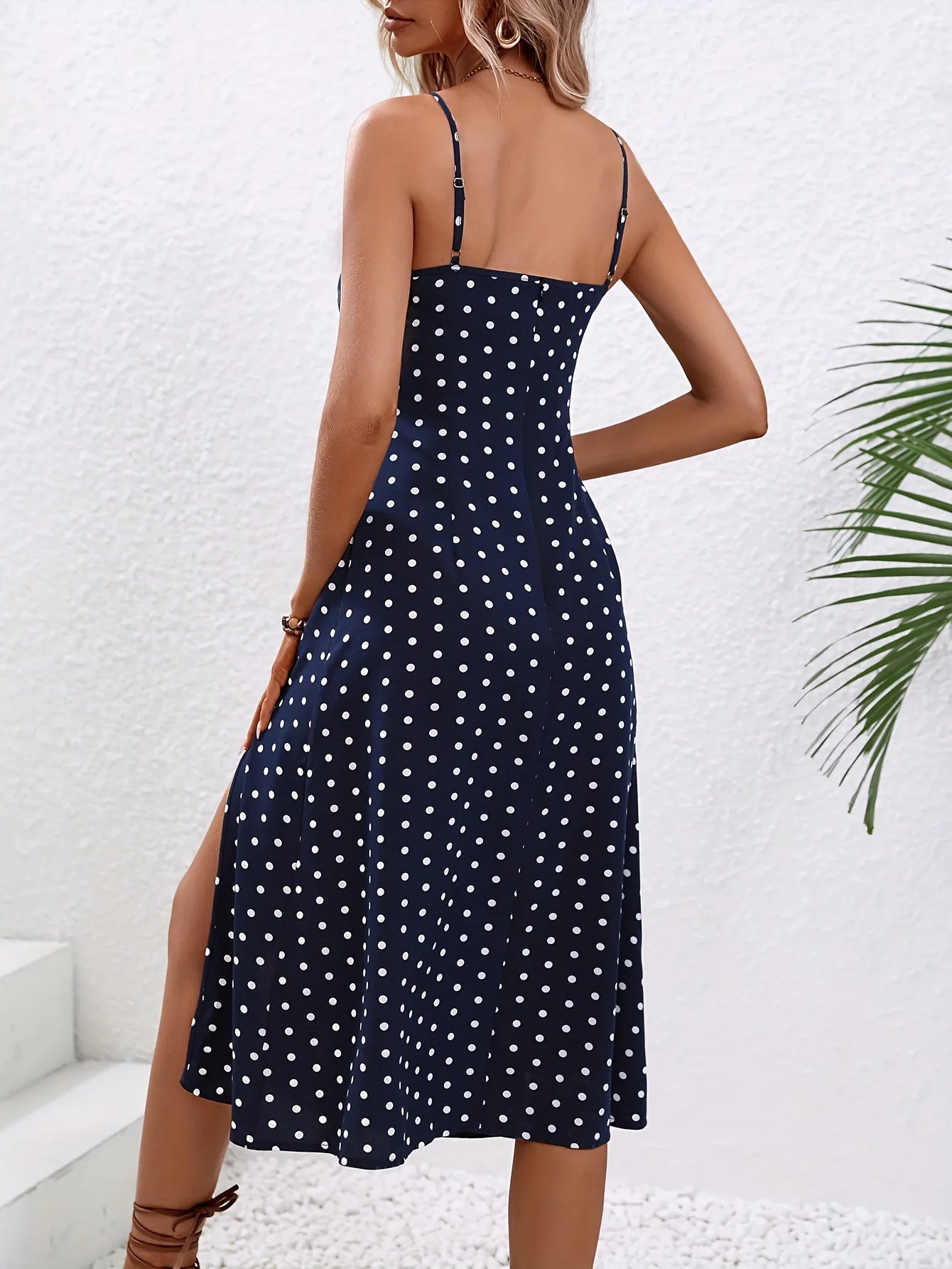 Summer Spaghetti Strap Polka Dot Midi Dress - Boho, Casual, Sleeveless with Slit