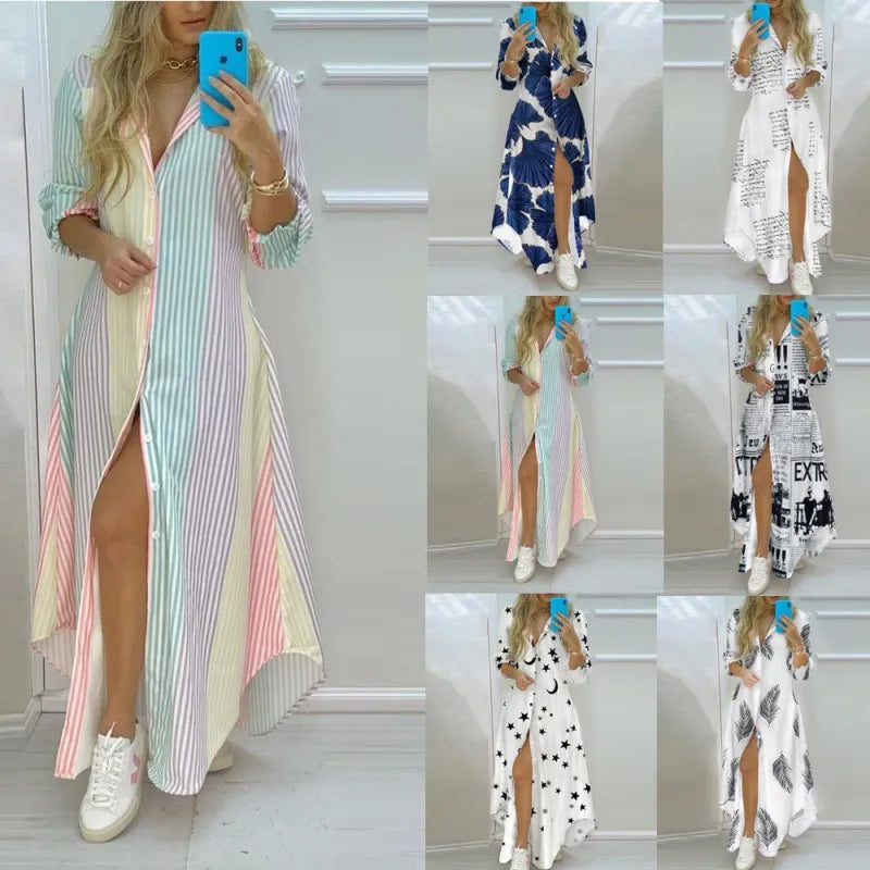 Boho Printed Long Sleeve Maxi Dress - Summer Turn-Down Collar