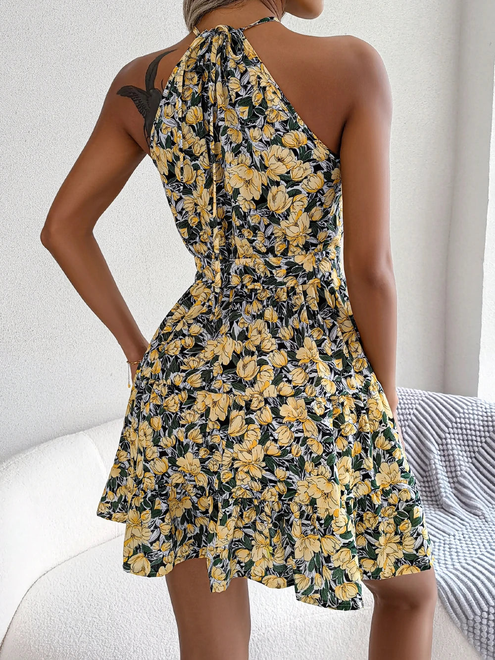 Women Summer Casual Floral Print Ruffle Halter Dress