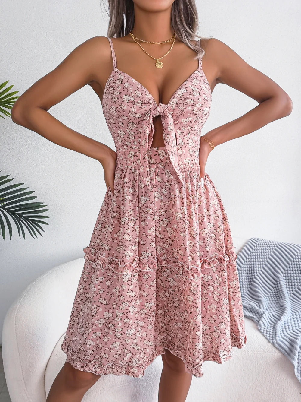 Summer Floral Ruffled Chiffon A-Line Dress - Casual Beach Style