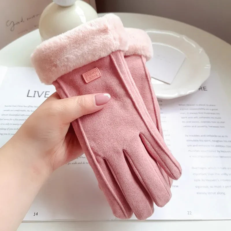 Women’s Winter Suede Gloves – Thick Plush, Touchscreen, Outdoor