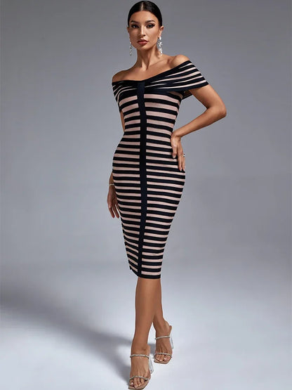 Off-Shoulder Midi Bandage Dress - Elegant Striped Bodycon Party Dress for Women, Summer 2023 Runway Style