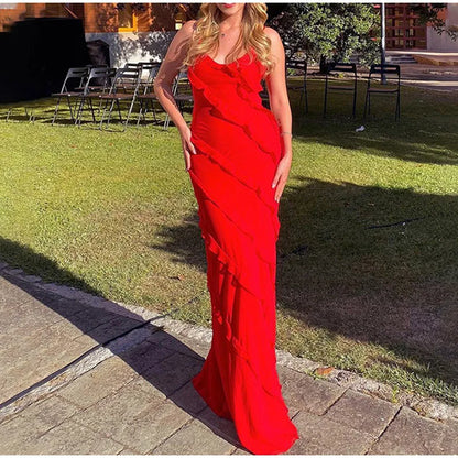 Elegant Red Chiffon Maxi Dress - Spaghetti Strap, Backless, Ruffled Evening Gown