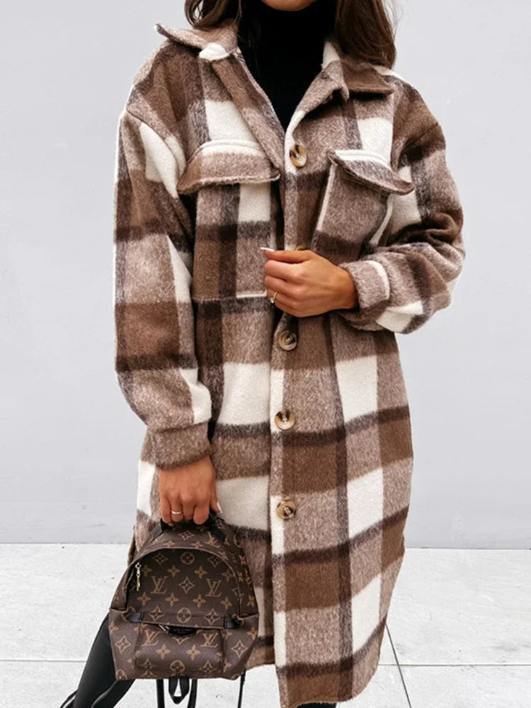 Woolen Plaid Women's Mid-Length Trench Coa