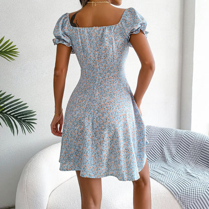 Women Casual Ruffles Short Sleeve Floral Print A Line Dress