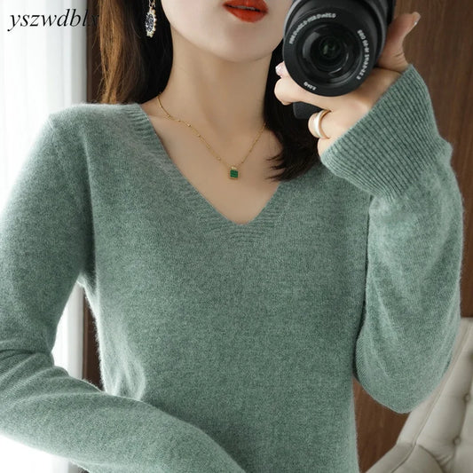 YSZWDBLX V-Neck Casual Sweater - Women’s Warm Knitwear