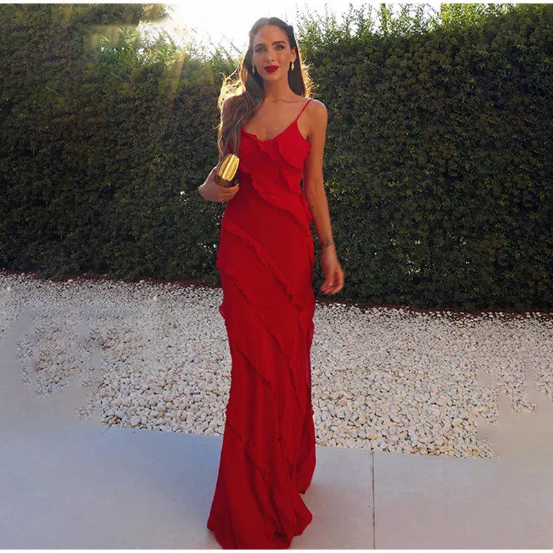 Elegant Red Chiffon Maxi Dress - Spaghetti Strap, Backless, Ruffled Evening Gown