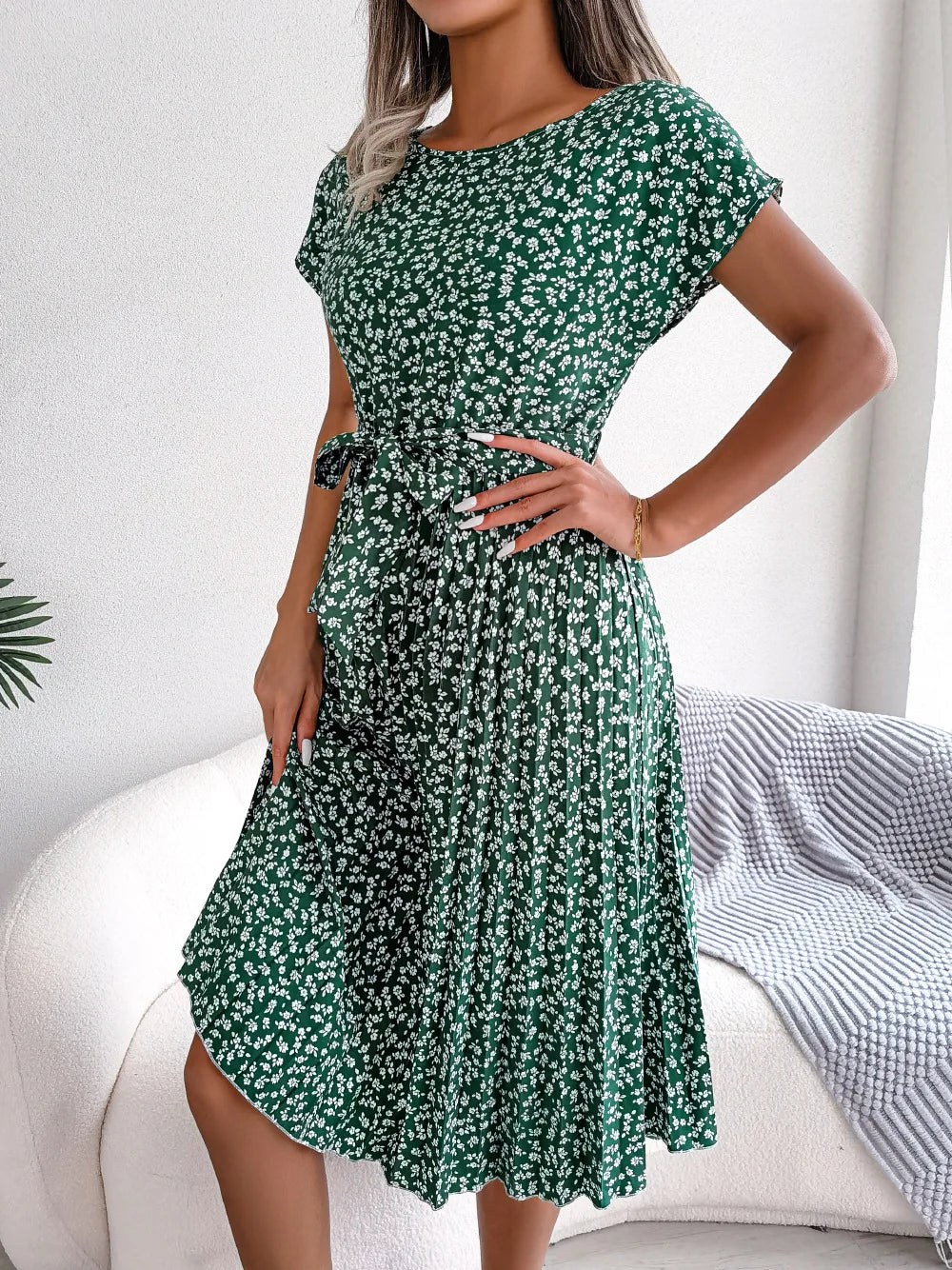 Chic Floral High Waist A-Line Dress - Spring/Summer, Short Sleeve