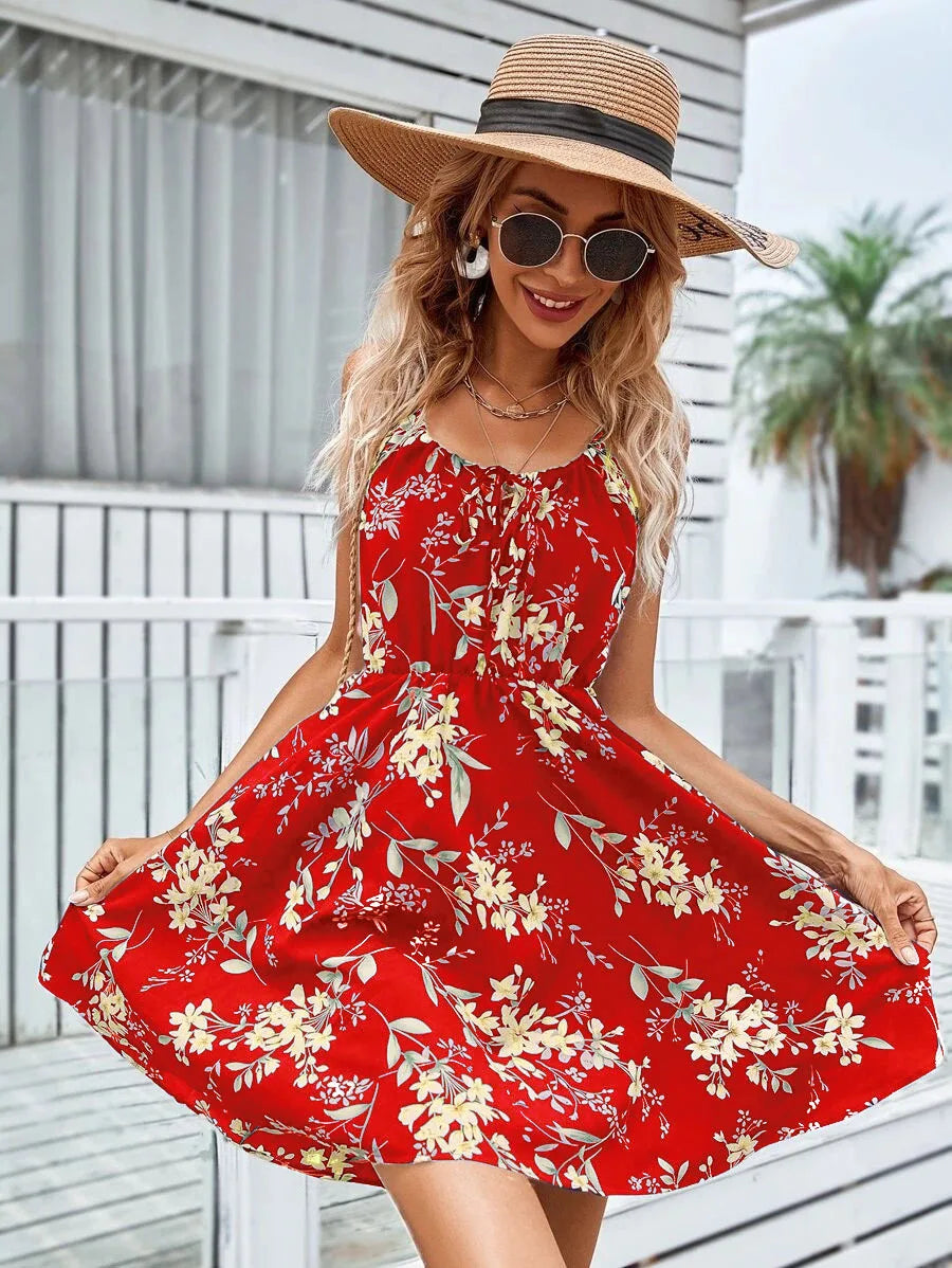 Sexy Floral Print Backless Sundress - Sleeveless