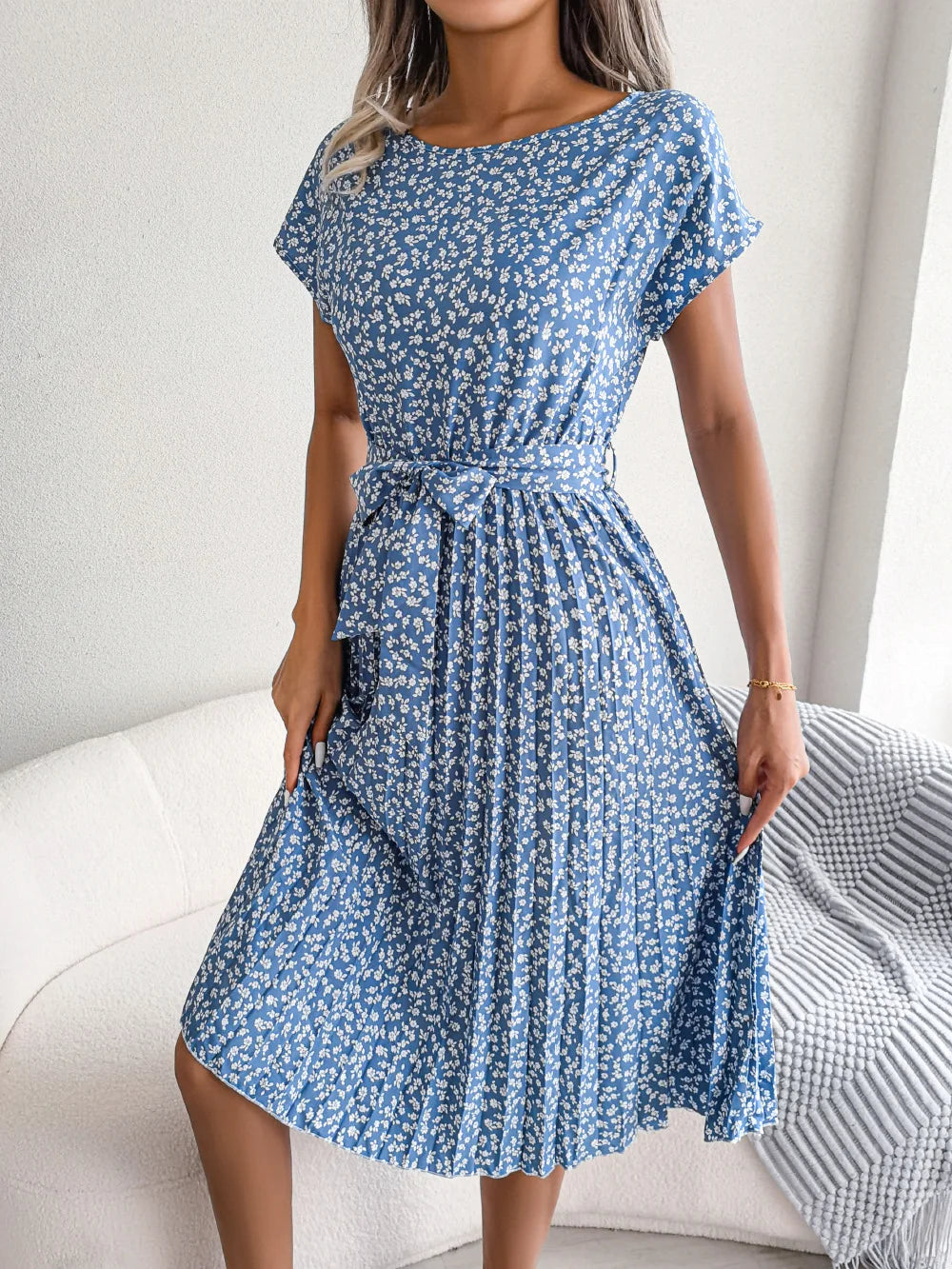 Chic Floral High Waist A-Line Dress - Spring/Summer, Short Sleeve