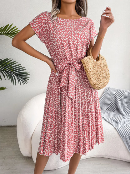 Chic Floral High Waist A-Line Dress - Spring/Summer, Short Sleeve