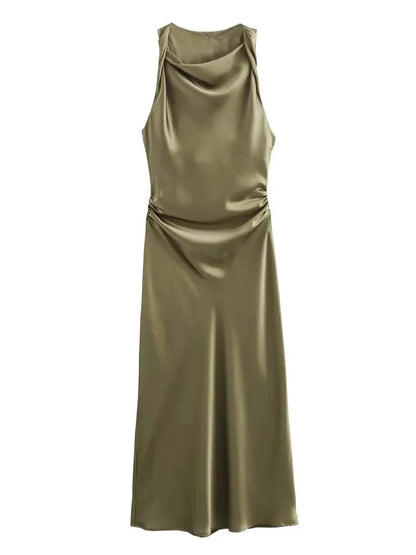 Summer Satin Slip Dress - Women's Elegant Sleeveless Midi for Evening Parties"