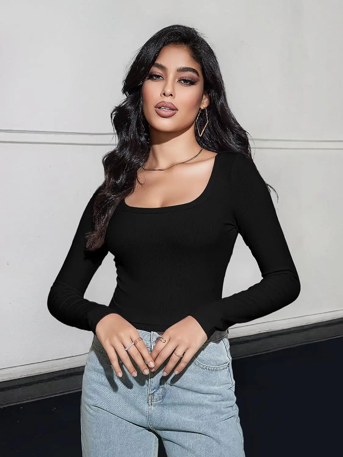 Women’s Long Sleeve Square Neck Ribbed Crop Top