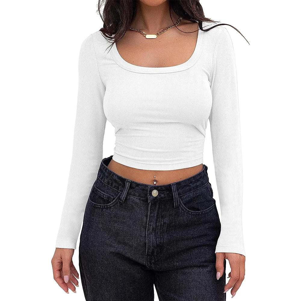 Women’s Long Sleeve Square Neck Ribbed Crop Top