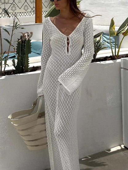 Sexy White Long Knit Sleeve Bikini Cover-Up - See-Through Deep V-Neck Backless Beach Dress