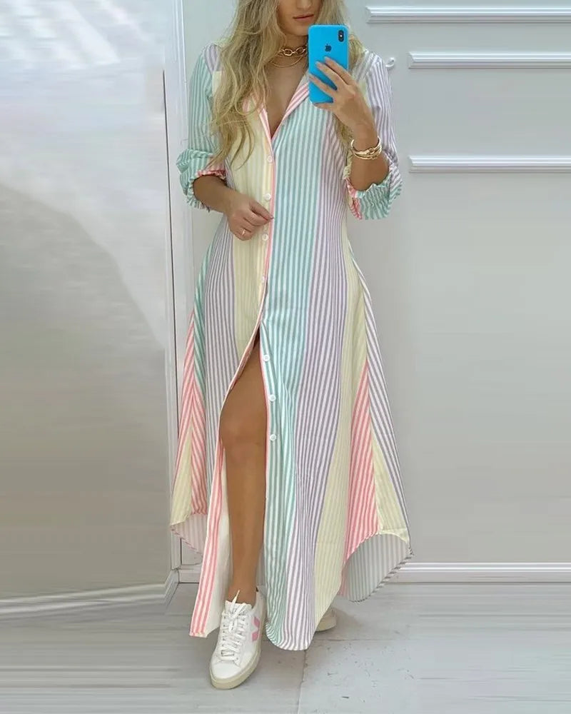 Boho Printed Long Sleeve Maxi Dress - Summer Turn-Down Collar