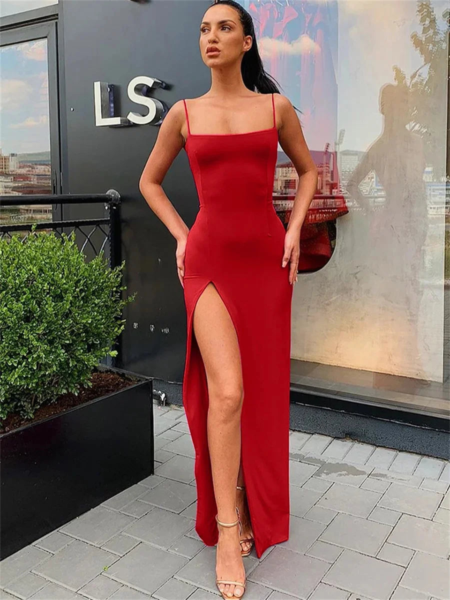 Women’s Summer Bodycon Dress - Sexy Spaghetti Strap Split Sheath Dress in Solid Color